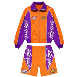 Women windbreaker short set lightweight polyester nylon <b>blend</b> orangepurple panel sublimation logo Windbreaker Shorts Set for Men - Product Image 1