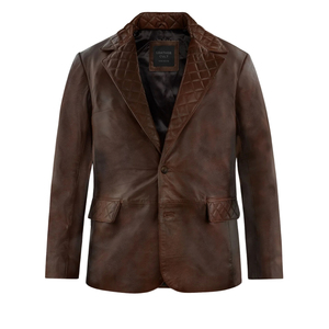 <b>Men's</b> Brown Genuine Leather Blazer Single <b>Breasted</b> Slim Fit Jacket with Quilted Lapels Casual <b>Coat</b> - Product Image 1
