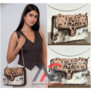 Latest Brand New Designer Genuine <b>Leather</b> Cowhide Crossbody Bag for Women's Hair On Hide <b>Tooled</b> Floral Western Shoulder Purses - Product Image 1