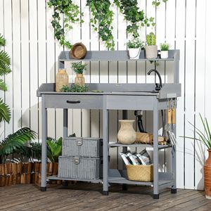 Tavolo da Giardinaggio in Legno Grigio con Lavello Rimovibile, Gancio per Tubo, Cassetto, Ripiani e Ganci - Product Image 2