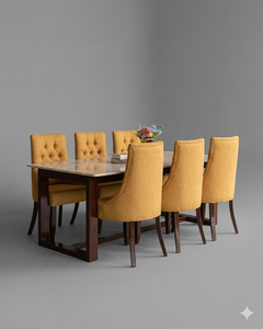 Ensemble de table à manger scandinave moderne de luxe avec plateau en marbre et chaises rembourrées en teck massif pour appartement, hôtel, Indonésie - Product Image 1