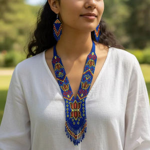 Trending style Handmade Blue Seed Bead <b>Necklace</b> Earrings Set | Tribal <b>Statement</b> Jewelry for christmas , wedding , party - Product Image 1