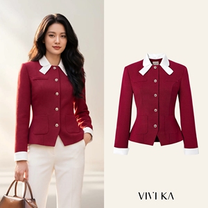 เสื้อแจ็คเก็ตสีแดงสำหรับผู้หญิง ดีไซน์หรูหรา ปกปีเตอร์แพนถอดได้ แขนยาว ตกแต่งกระดุม สไตล์ออฟฟิศสำหรับฤดูใบไม้ร่วง ยี่ห้อ KIVRA - Product Image 1
