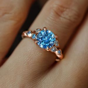 Anillo de compromiso, aniversario y boda de lujo con topacio azul de corte redondo, plata de ley 925, chapado en oro de 14 quilates, anillo de piedras preciosas para mujer - Product Image 3