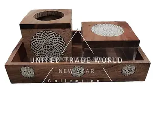 Ramada new acacia wood & resin lattice incense wood madkhan mubkhar wooden tray & storage acrylic box By United Trade world