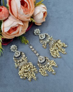 Heavy Ethnic CZ Studded Bridal Choker <b>Set</b> With Pearl Drop Accents Matching Earrings & Mangtika Antique Gold Plated <b>Jewellery</b> <b>Set</b> - Product Image 3