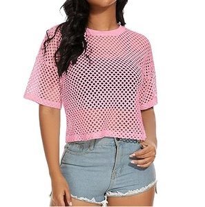Camiseta de malla rosa de manga corta para mujer con tela transpirable personalizable para uso en exteriores y playa, camisas transparentes de malla de red. - Product Image 1