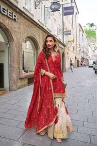 Designer Party Wear Bridal Wear Embroidery Work Chinon Silk <b>Top</b> With Digital Printed Plazzo And Dupatta Stitched Readymade Set - Product Image 1