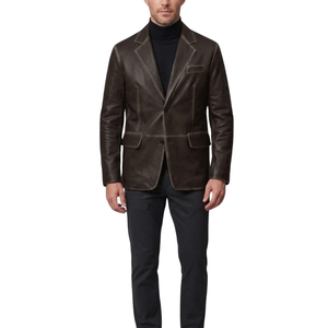 <b>Men's</b> Black Genuine <b>Leather</b> Windproof Autumn Stand Collar Single Button Bomber Jacket - Product Image 1