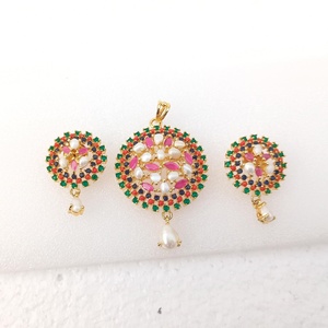 RAY FINE ORNATES <b>Ruby</b> Emerald Pearl IGI Certified Pendant <b>Necklace</b> Earrings Set 22K Gold Plated Trendy Bridal Jewelry Indian - Product Image 2