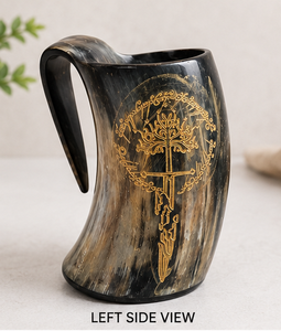 Chope en corne viking faite à la main avec incrustation dorée, style américain, forme ronde, en bois jetable pour les fêtes - Product Image 4
