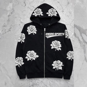 Custom Puff Printing Hoodie – White Flower Design | OEM Sportswear Manufacturer Rose Flower Design <b>Hoodies</b> <b>Zip</b>-<b>Up</b> <b>Black</b> Hoodie - Product Image 1