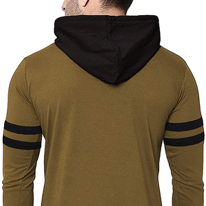 Sweat-shirt à capuche pour homme, vert olive, coupe ajustée, manches longues, pull en tricot décontracté avec rayures noires et poche - Product Image 5