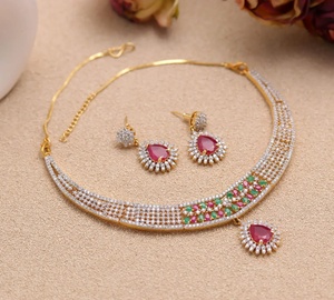 Premium Gemstone <b>Necklace</b> Set Ruby Emerald CZ Pear Cut Gold Plated <b>Statement</b> Jewelry for Women - Product Image 2