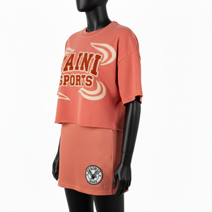 Camiseta Deportiva de Doble Capa para Mujer, de Algodón Jersey, con Panel de Malla Transpirable, Color Coral, Logotipo con Transferencia Térmica - Product Image 4