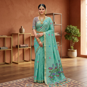 Sari de algodón de moda con bordado floral Meenakari y borlas, ropa tradicional para mujer, estilo indio pakistaní - Product Image 4
