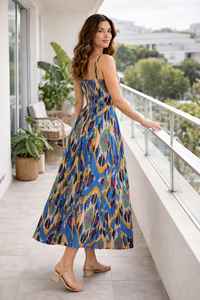 Vestido Midi para Mujer, Tirantes Finos, Estampado Ikat, Estilo Casual, Abotonado, Azul, Uso Diario, 100% Algodón, Cintura Natural, Transpirable - Product Image 4