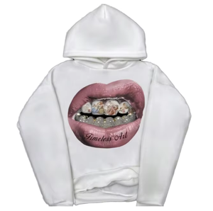 Sweat-shirt à capuche unisexe blanc avec imprimé lèvres, style décontracté oversize, logo frontal imprimé par transfert thermique, idéal pour l'automne - Product Image 4