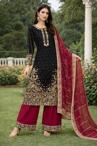 Ensemble Salwar Suit Traditionnel Indien et Pakistanais pour Femme, en Soie Brodé et Gaufré, Longueur Ras du Sol, Idéal pour Mariages et Fêtes, Coupe Classique - Product Image 4