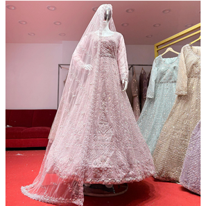 Lehenga de soirée élégant en tissu filet de couleur claire avec broderie artisanale complète et broderie Jarkan pour femmes - Product Image 2