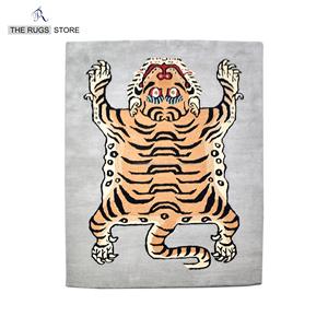 Tapis tibétain en laine tufté à la main, motif tigre, à poils ras, rectangulaire, gris, pour salon - Product Image 5