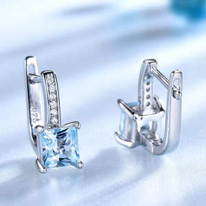 Pendientes de Clip Románticos, Lindos y Modernos, con Gema Azul Cielo, Circonita Cúbica, Corte Princesa, Plata de Ley 925, Regalo - Product Image 5