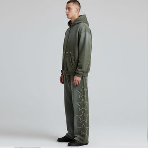 Ensemble de survêtement pour homme vert olive à capuche, sweat-shirt et pantalon à fermeture éclair intégrale avec motif étoile, coupe décontractée ample, 100 % coton - Product Image 3