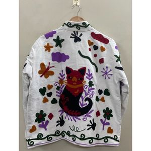 Hand Embroidered Velvet Cotton <b>Jacket</b> <b>Women</b> Mandarin Collar Full Sleeve Autumn Winter Bohemian Eye Pattern Open Front Coat - Product Image 5