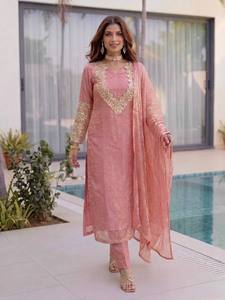 Women Embroidered Straight Kurta Set With Dupatta Pink Silk Traditional Salwar Kameez Ankle Length Regular Fit Casual Wear - Product Image 3