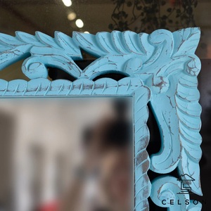 Rectangular Wooden Floor <b>Mirror</b> with Blue Carved Frame Shabby Chic Decorative <b>Mirror</b> for Home Use - Product Image 5