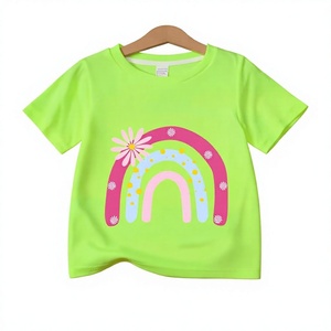 Girls Bright Green Short Sleeve T-Shirt With Rainbow And Flower Print Cute Style Comfortable Cotton Top - Product Image 1