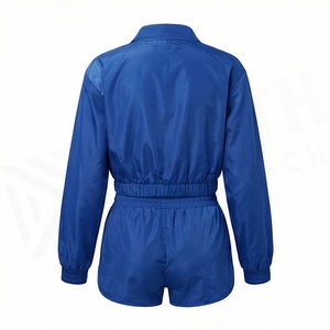 Conjunto Deportivo de 2 Piezas para Mujer, Color Azul, Manga Larga, Cierre de Cremallera, Cuello Alto, Pantalones Cortos por Encima de la Rodilla, Color Sólido, Estilo Deportivo, Corte Regular - Product Image 2