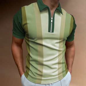 <b>Men's</b> Striped Short Sleeve <b>Polo</b> <b>Shirt</b> Knitted Casual Zipper Design Regular Fit <b>Green</b> Color Blocked Style - Product Image 1