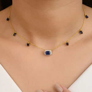 Collier en or 14 carats avec saphir bleu et diamants naturels VVS1-VVS2 - Product Image 1