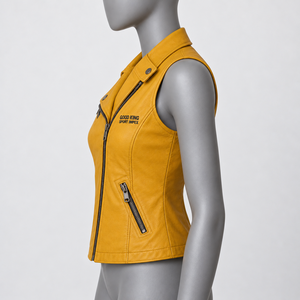 Chaleco de cuero amarillo para mujer, estilo motero, con cremallera, cuello asimétrico, sin mangas, ajustado, ropa exterior, estilo urbano - Product Image 4