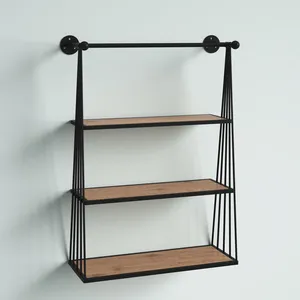 Étagère murale industrielle à 3 niveaux en métal noir avec cadre en bois, présentoir flottant pour salon, cuisine, bureau - Product Image 1
