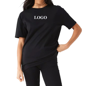 Camiseta de Cuello Redondo Holgada Negra para Mujer al por Mayor con Estampado de Logotipo Blanco, Top Casual de Manga Corta de Algodón Jersey para Todas las Estaciones - Product Image 5