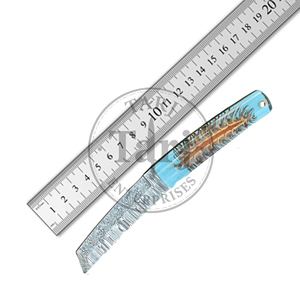 Couteau de chasse à lame fixe droite en acier Damas personnalisé, pointe clip, utilitaire extérieur, manche en résine, étui en cuir, OEM EDC de haute qualité - Product Image 3