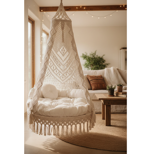 Hamac suspendu en macramé en coton blanc style bohème, siège suspendu rembourré pour patio et jardin (40"X70") - Product Image 1