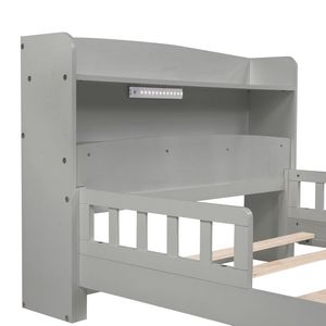 Letto in Legno di Pino con Luce LED a Sensore di Movimento, Sponde di Sicurezza e Libreria Integrata, Testiera Grigia - per Bambini - Product Image 4