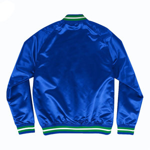 Men's Blue Satin Varsity Jacket With Green White Trim Regular Fit Single Breasted Casual Autumn Wear - Product Image 2