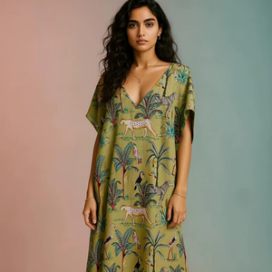 Robe Kaftan Midi Femme Imprimé Safari Vert Sauge 100% Coton Confort Sans Effort Col en V Écologique Respirante Taille Haute - Product Image 1