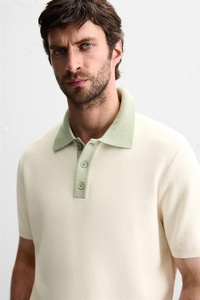 Polo en coton tricoté à manches courtes pour homme, couleur unie, décontracté, respirant, coupe classique, vert clair, col blanc, corps blanc - Product Image 6
