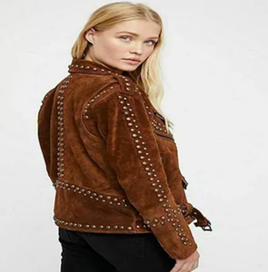 <b>Women's</b> Brown <b>Suede</b> Moto <b>Jacket</b> With Rivet Details Turn-Down Collar Zipper Closure Full Sleeve Autumn Style - Product Image 6