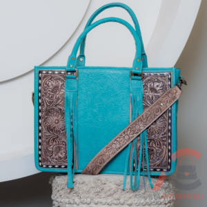 Bolso grande turquesa de cuero repujado a mano más vendido y conjuntos combinados de billetera de cuero con pelo occidental para mujer - Product Image 3