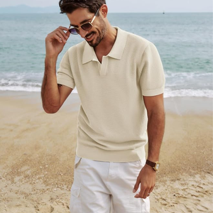 <b>Men's</b> Cream Short Sleeve Knitted Polo Shirt Solid Color Casual Breathable Regular Fit Collared Design - Product Image 2
