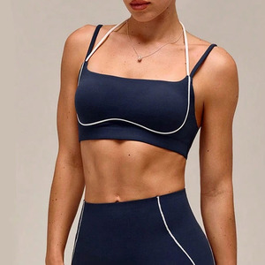 MILIENZ Soutien-gorge de sport et short de yoga pour femme, bleu marine, à bretelles convertibles, taille mi-haute, torsadé, maintien léger, sans couture, respirant - Product Image 2