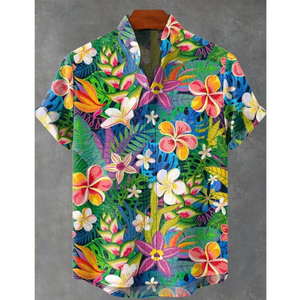 เสื้อฮาวายชาย แขนสั้น ลายดอกไม้ ปกคอพับ ผ้าโพลีเอสเตอร์ป๊อปลิน ระบายอากาศได้ดี เหมาะสำหรับใส่ลำลองชายหาดในฤดูร้อน - Product Image 1