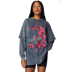 Camiseta de Mujer con Mangas Dobles, Lavado Ácido, Estilo Vintage, Casual, Cómoda para Uso Diario - Product Image 4