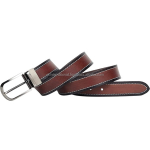 Cinturón informal de cuero de dos tonos de piel de vaca de grano completo para hombre para jeans con costuras blancas y elegante hebilla automática de plata mate - Product Image 1